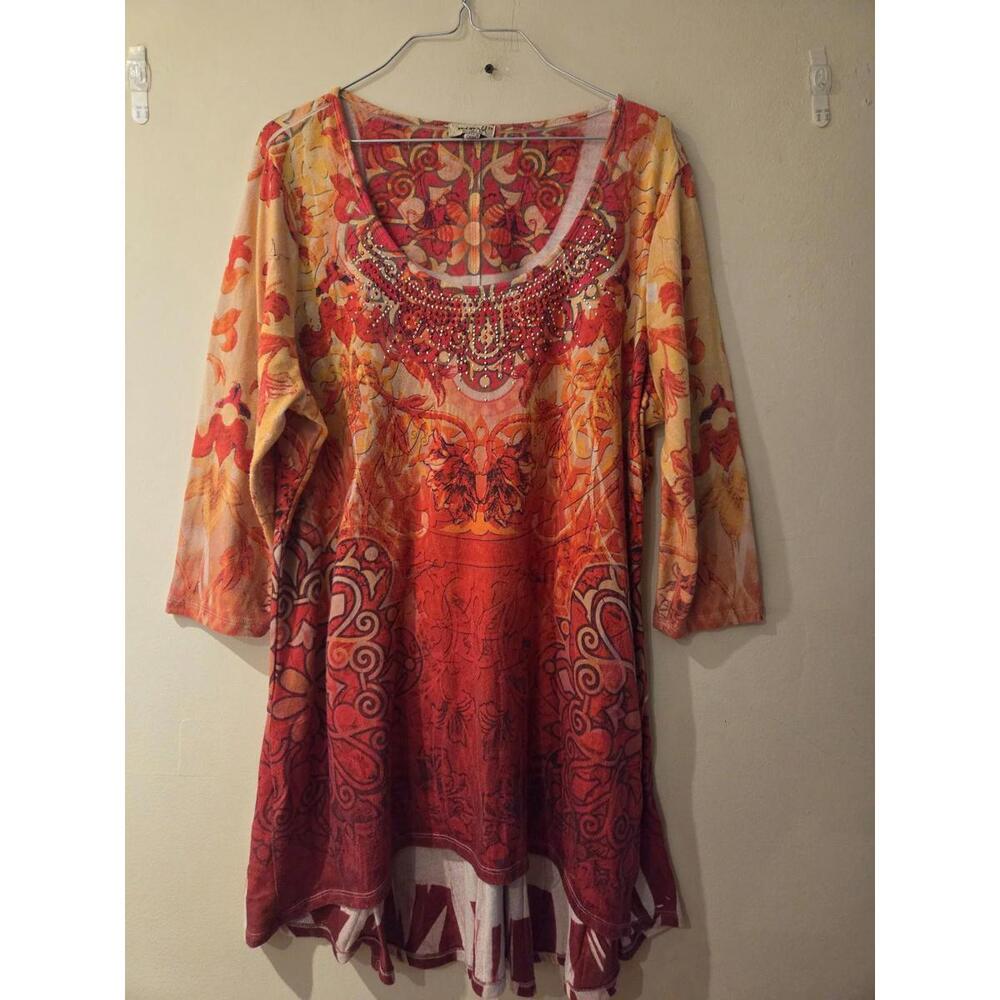 One World Women's Boho Multicolor Orange Top 2X